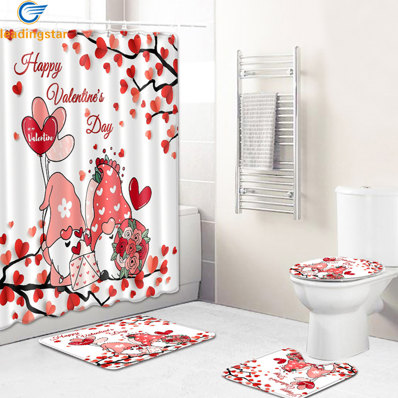 LeadingStar Fast Delivery Valentine's Day Shower Curtain Sets With Toilet Lid Non-Slip Rug 6 Hooks Rug Red Love Heart Bathroom Set For Bathroom ราคา 625 บาท*ส่งฟรี