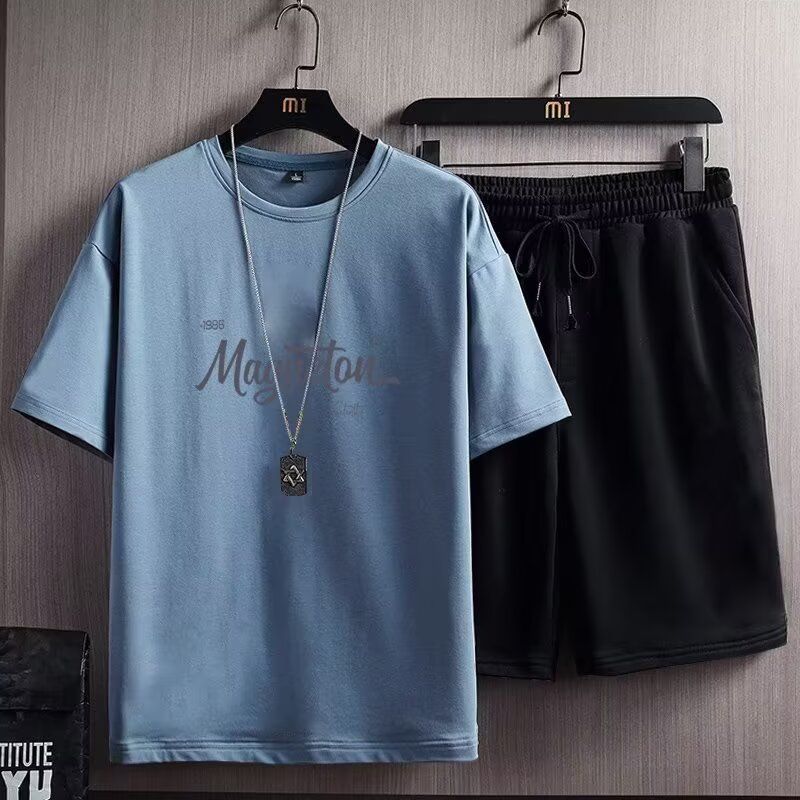 ASRV Bộ đồ vest 2 mảnh cổ tròn tay ngắn và áo phông thời trang cho nam