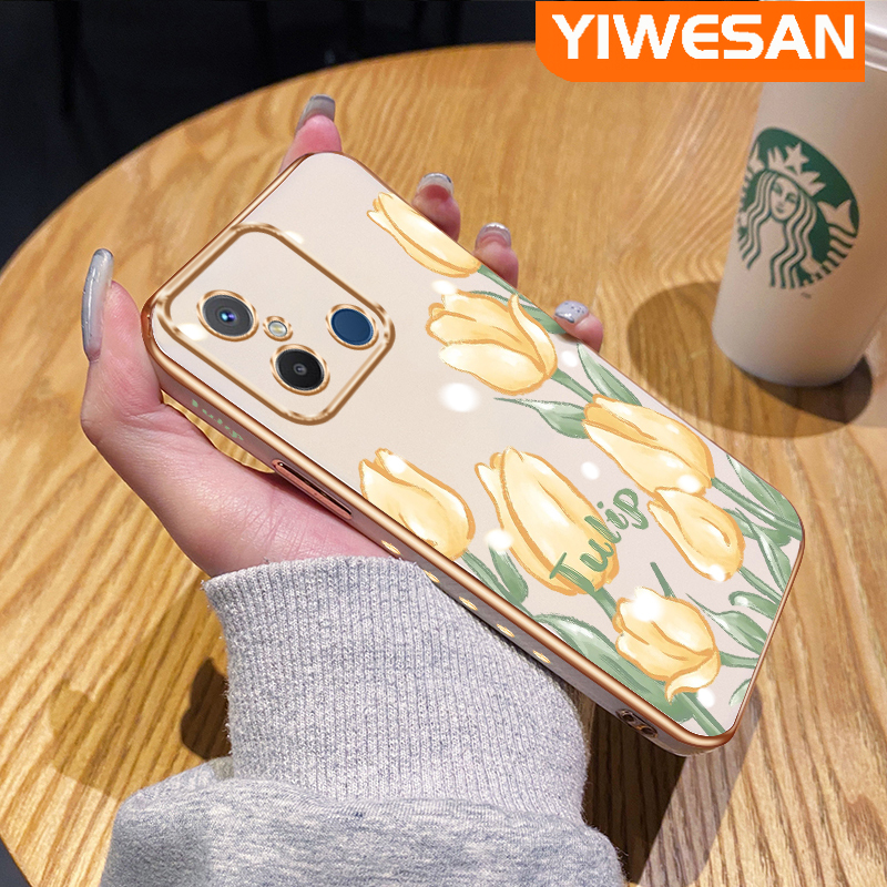 YIWESAN Casing For Xiaomi Redmi 12C 12 A1 A2 Y2 S2 POCO C55 F5 Pro Case Fashion Tulip Edge Square New Design Phone Cases Thin Plating Pattern Casing Full Lens Cover Camera Protect Shockproof Softcase