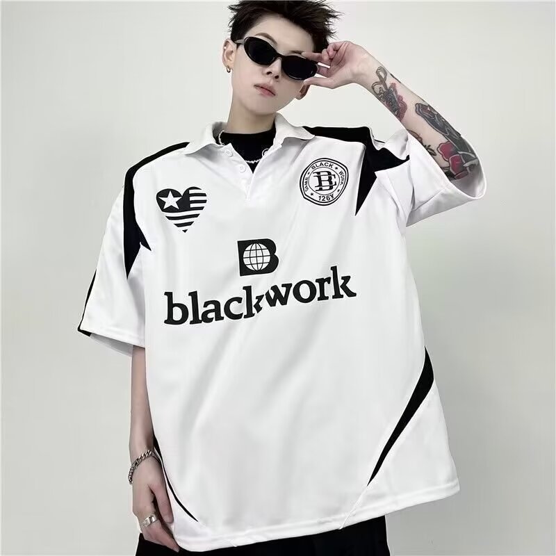 Men's polo shirt - Men's Japanese vintage half-sleeve T-shirt Stylish American street boy heavy five-sleeve short sleeve top