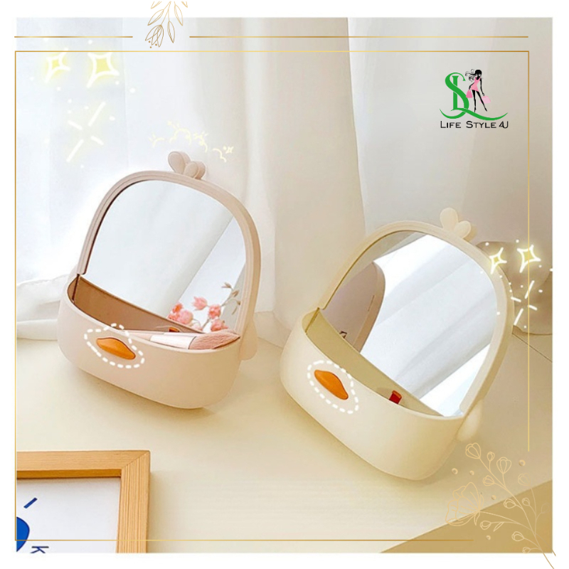 Gương để bàn cute gương decor bàn học gương để bàn trang điểm xinh xắn có khay đựng đồ Vịt vàng - Li