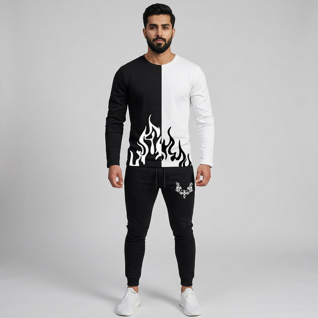 New Black & White Trendy Fire Printed T shirts For Men - Soft & Comfortable Fabric T-shirt and Trouser Printed Tracksuit