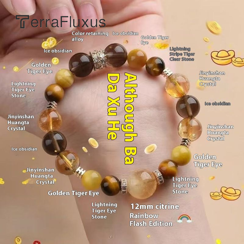 TerraFluxus Unique Rainbow Flash Citrine Bracelet, Trendy Ins Style, Ideal Gift for Couples, Featuring High-Quality Tiger's Eye Stone
