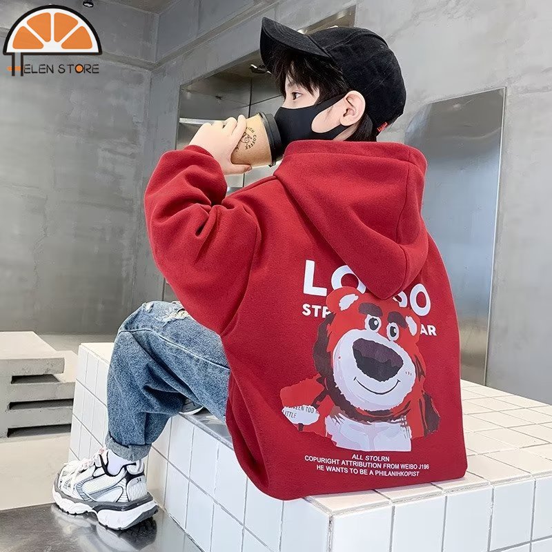 Áo Hoodie thời trang màu đỏ cho bé gái áo nỉ đẹp trai in hoạt hình gấu dâu cho bé trai