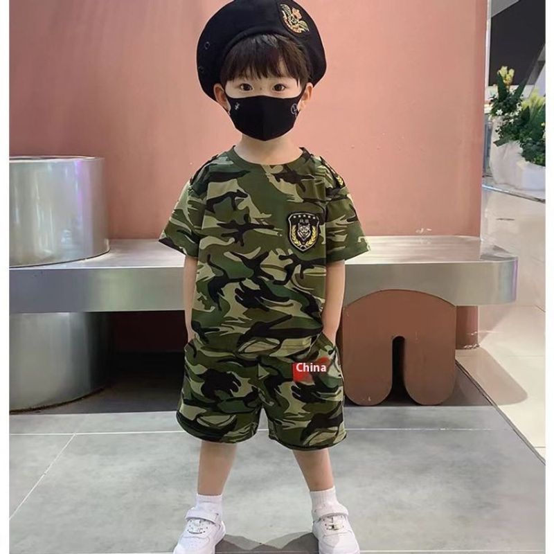 Đồ ngụy trang bé trai dài Ya zhou Bộ đồ quần áo thời trang mới cho trẻ em quần short ngắn tay cho tr