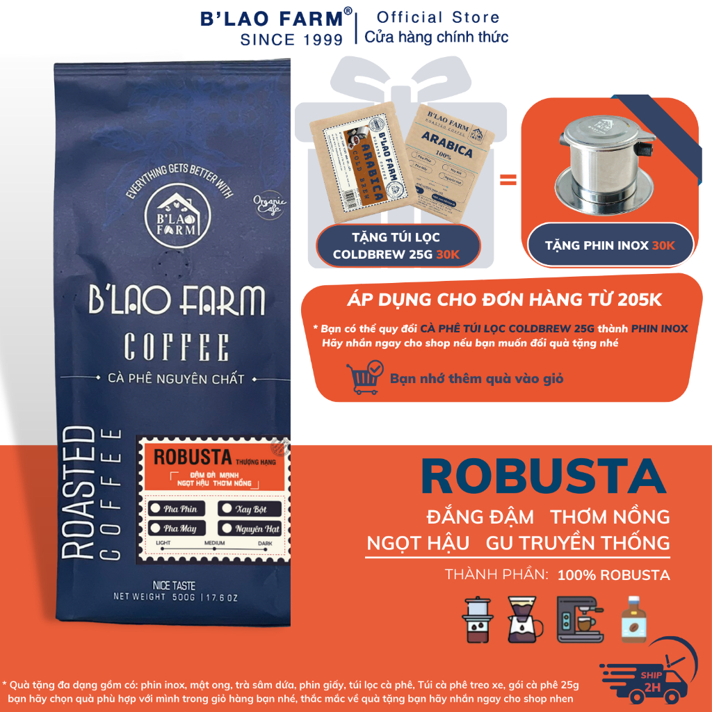 Cà phê rang xay nguyên chất Robusta B'Lao Farm rang mộc ,đậm vị ,thơm nồng ,không hương liệu và chất bảo quản C1