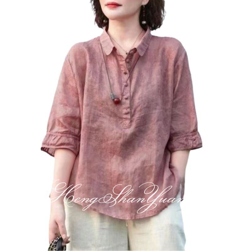 HengShanYuan Women's Casual Loose Fit Linen Blouse with Button Detail ราคา 182 บาท*ส่งฟรี