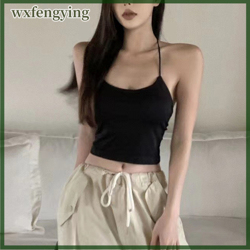 wxfengying Của phụ nữ yếm trong tay sexy dây cổ độn Crop Top Màu rắn nữ Tops