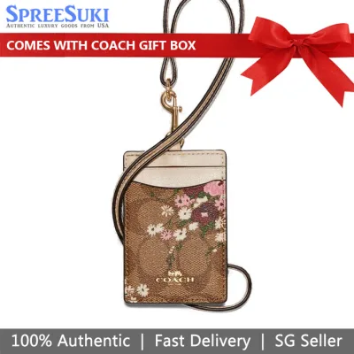 Coach Lanyard In Gift Box Id Lanyard In Signature Canvas With Evergreen Floral Print Khaki # 6855
