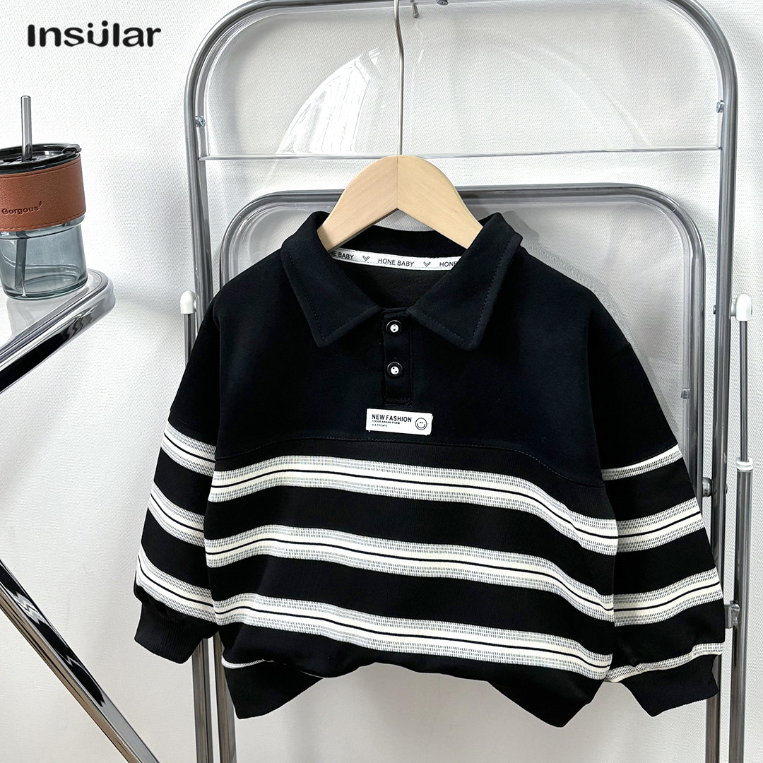 Insular Children's Korean style cotton long-sleeved POLO shirt, western style stitching black and white striped boys' medium and large children's tops