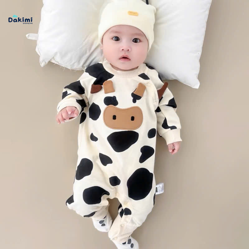 Body dài tay cho bé gái bé trai Hình Bò Sữa đáng yêu, Bodysuit cho bé chất Cotton mềm mịn, Quần áo trẻ sơ sinh từ 3-12kg