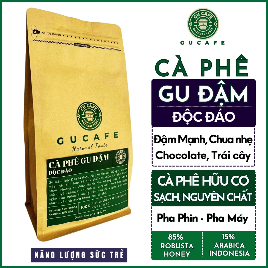 Cà Phê Gu Đậm Độc Đáo GUCAFE - Đậm Mạnh, Chua Nhẹ, Nốt Hương Socola, Caramel, Hương Gỗ, Thảo Mộc - Dành Cho Pha Phin Pha Máy - Cà Phê Hướng Hữu Cơ, Sạch, Cà Phê Rang Mộc Nguyên Chất