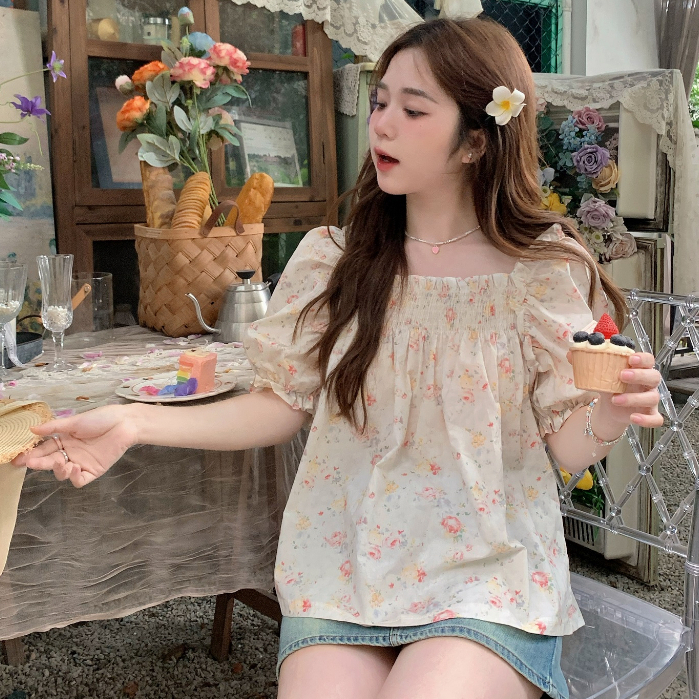 Áo sơ mi nữ cổ vuông tay ngắn bồng hoa nhí dễ thương, sơ mi nữ kiểu tay ngắn phồng phong cách Hàn Quốc 8866