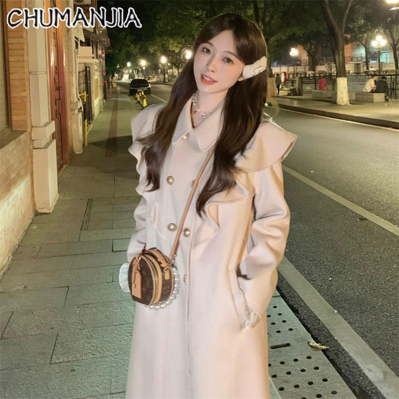CHU MAN JIA Long woolen coat Hepburn style woolen coat