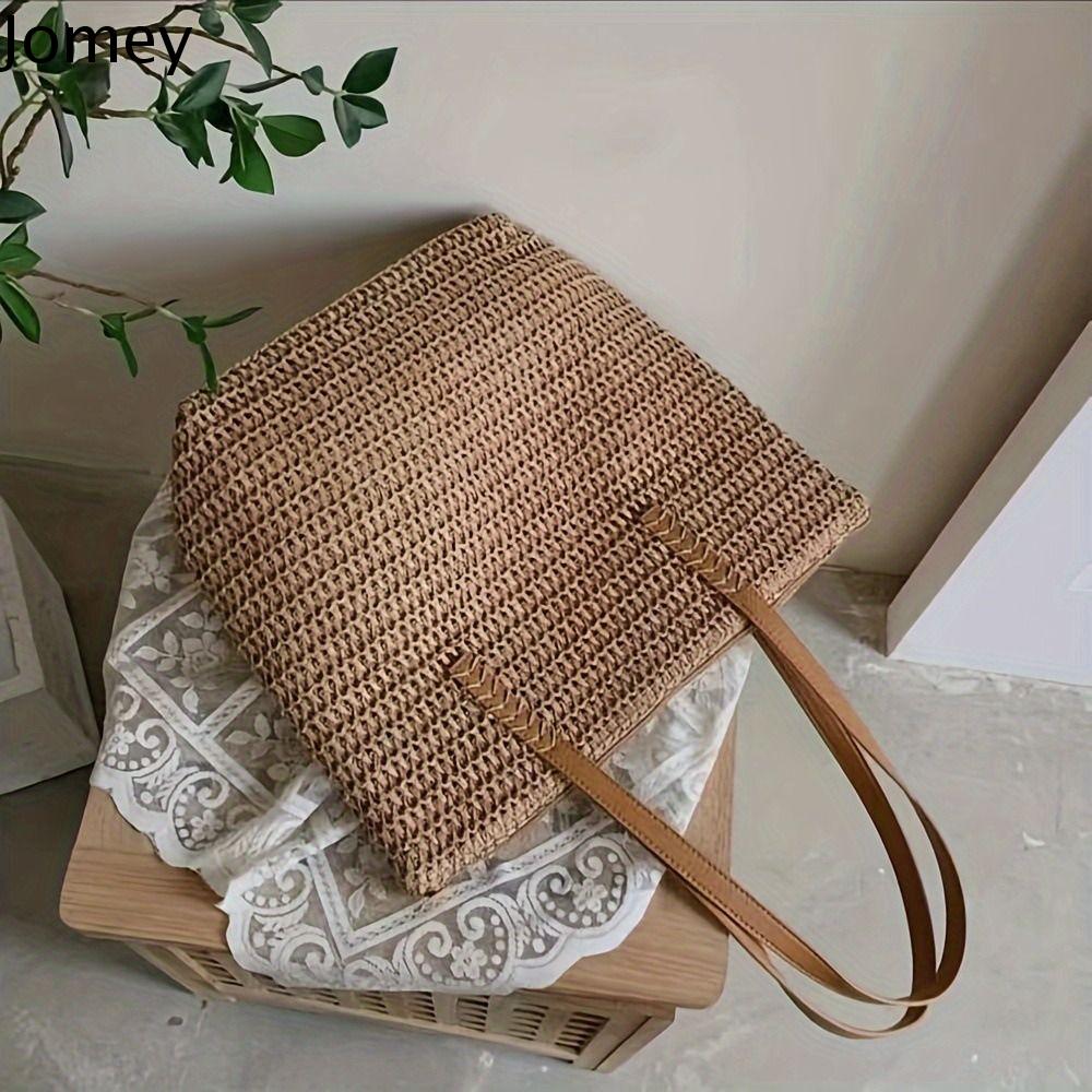 JOMEY Màu đơn sắc Túi Tote Dệt Từ Rơm Khóa kéo Hình vuông Túi đeo vai bằng cói Thường ngày Dệt vải Túi xách đi biển Các cô gái