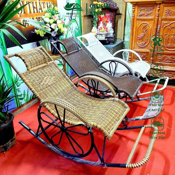 Ghế lười bập bênh thư giãn HEALHOMES mây nhựa khung thép cao cấp dùng đọc sách bảo hành 24 tháng