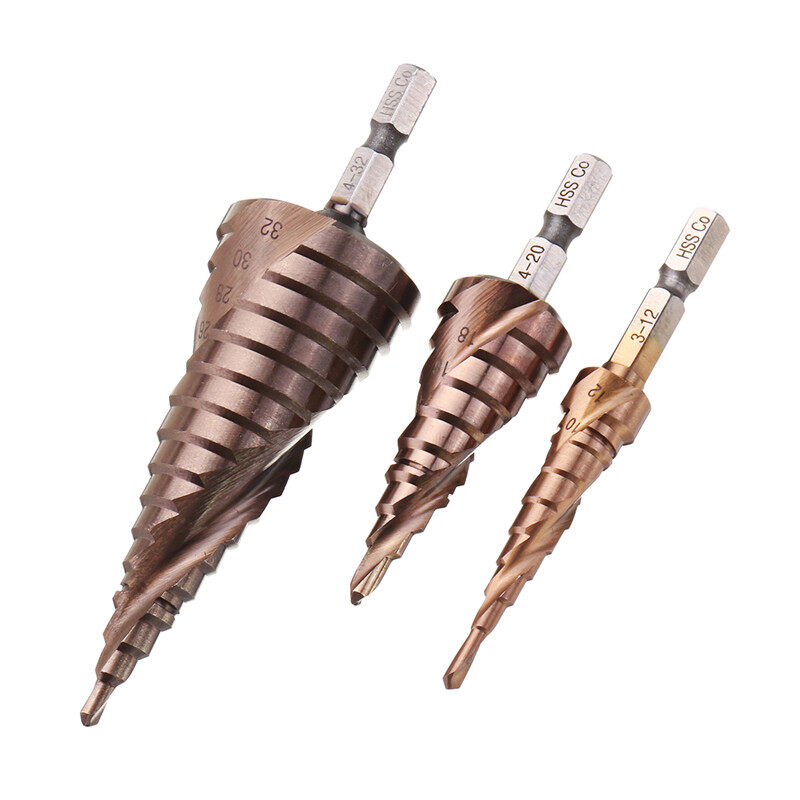 M35 Đầu khoan mũi khoan bậc coban 3-12/4-20/4-32mm HSS Bộ mũi khoan đa chức năng rãnh xoắn ốc bằng thép không gỉ tam giác chuôi lục giác