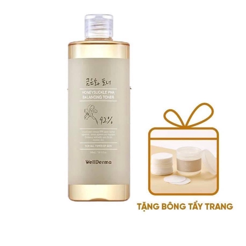 Nước Hoa Hồng WellDerma Honeysuckle PHA Balancing Toner 92% Gold Silver Coin 500ML Tặng Kèm Bông