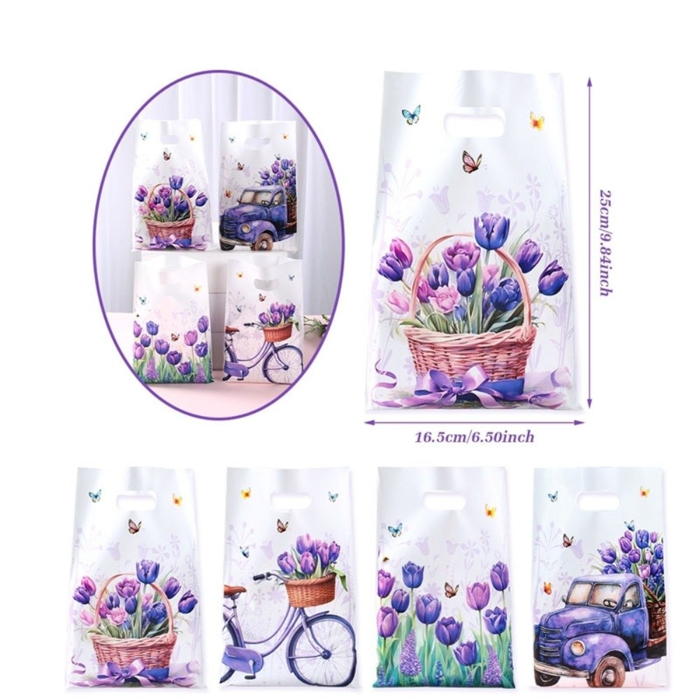 ALTTER 25/50pcs Plastic Gift Packaging Bags Tulip Butterfly Pattern Purple Present Bags Floral Design Party Favor Supplies for Weddings