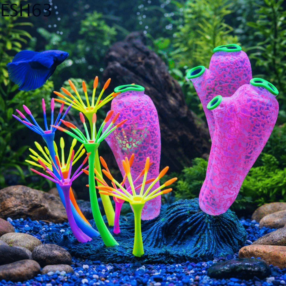 ESH63 Silicone Đồ trang trí san hô ngón tay cái Mô phỏng Đầy màu sắc San hô phát sáng Trang trí bể cá Cây giả Cây san hô Bể cá