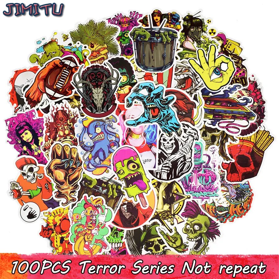 100Pcs Terror Rock Sticker Skeleton Dark Funny Stickers For DIY Travel Case Laptop Fridge Bicycle Phone Car Guitar Stickers