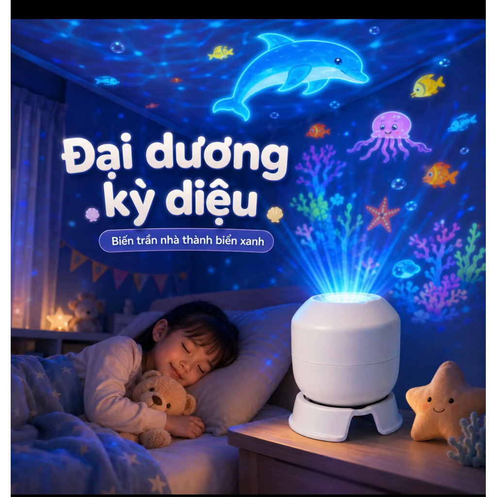 Đèn chiếu trần nhà cho bé Đèn chiếu hình 3D đại dương xanh xuay 360 độ quà tặng sinh nhật