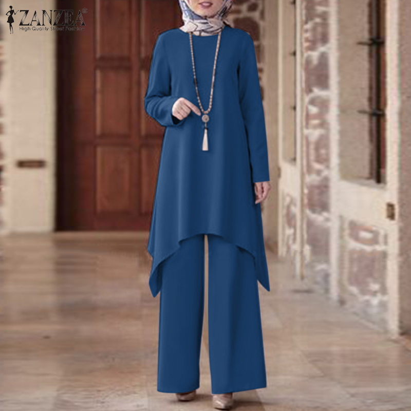 Zanzea Muslimah phụ nữ hồi giáo đặt tay áo dài ngọn Thắt lưng co giãn quần xuông phù hợp với