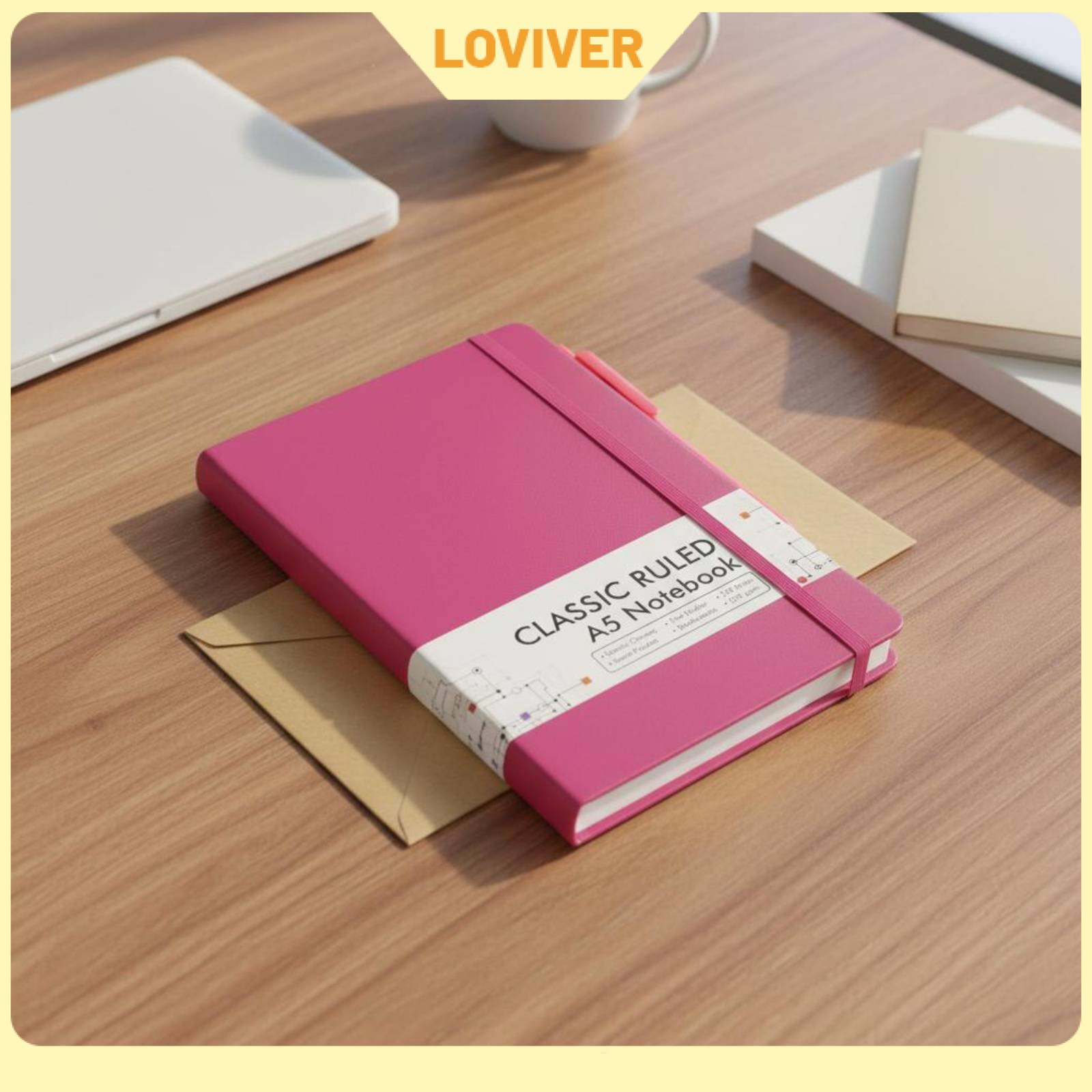 LOVIVER Ribbon Bookmarks A5 Ruled Notebook Thick 120 Paper Weight Paper A5 Writing Notebook No Ink Bleed-Through Hardcover Journal with Elastic Strap Lay Flat Design for Professionals ราคา 252 บาท*ส่งฟรี