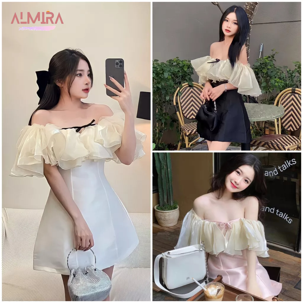Váy tafta phối tơ óng trễ vai dây cổ 2 lớp có đệm ngực, đầm dự tiệc