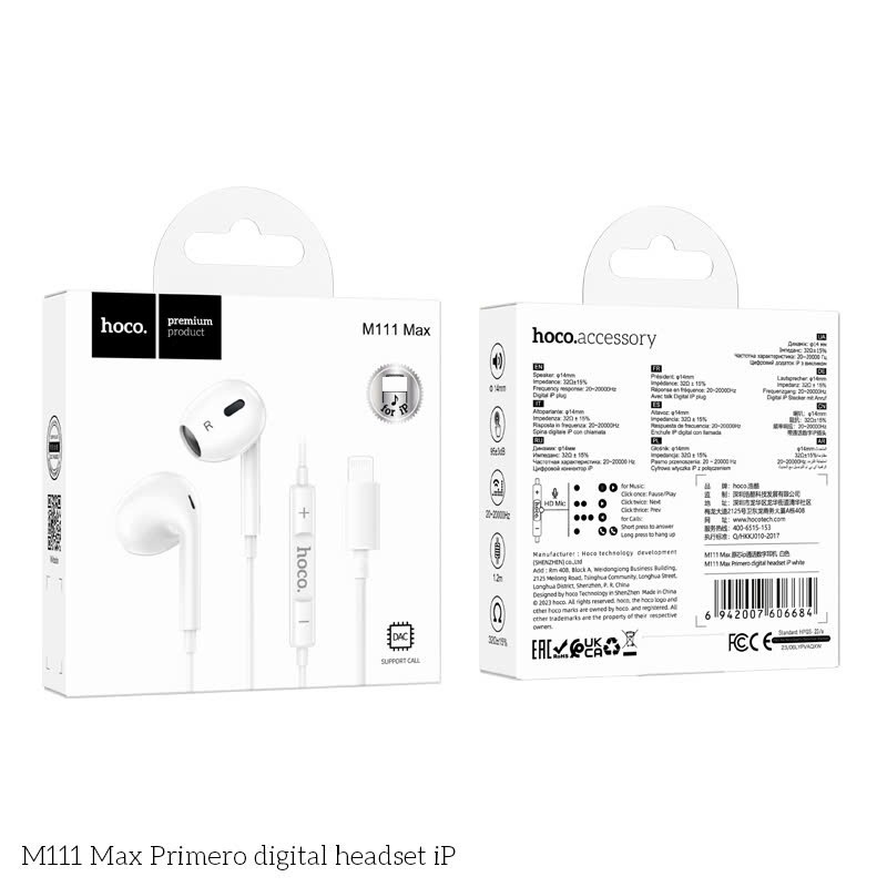 Tai Nghe iphone 14 13 12 11 pro max ipad chân dẹt chính hãng Hoco M111 Max cắm dùng trực tiếp không cần kết nối bluetooth hỗ trợ nghe gọi mic cho điện thoại ip 6 7 8 Plus X Xr Xs max  - hàng chính hãng hoco.