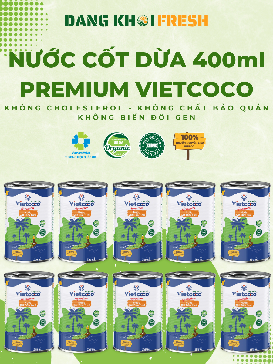 COMBO 10 Lon Nước Cốt Dừa Tươi VIETCOCO 400ml Premium Hữu Cơ Coconut Không GMO Không Biến Đổi Gen