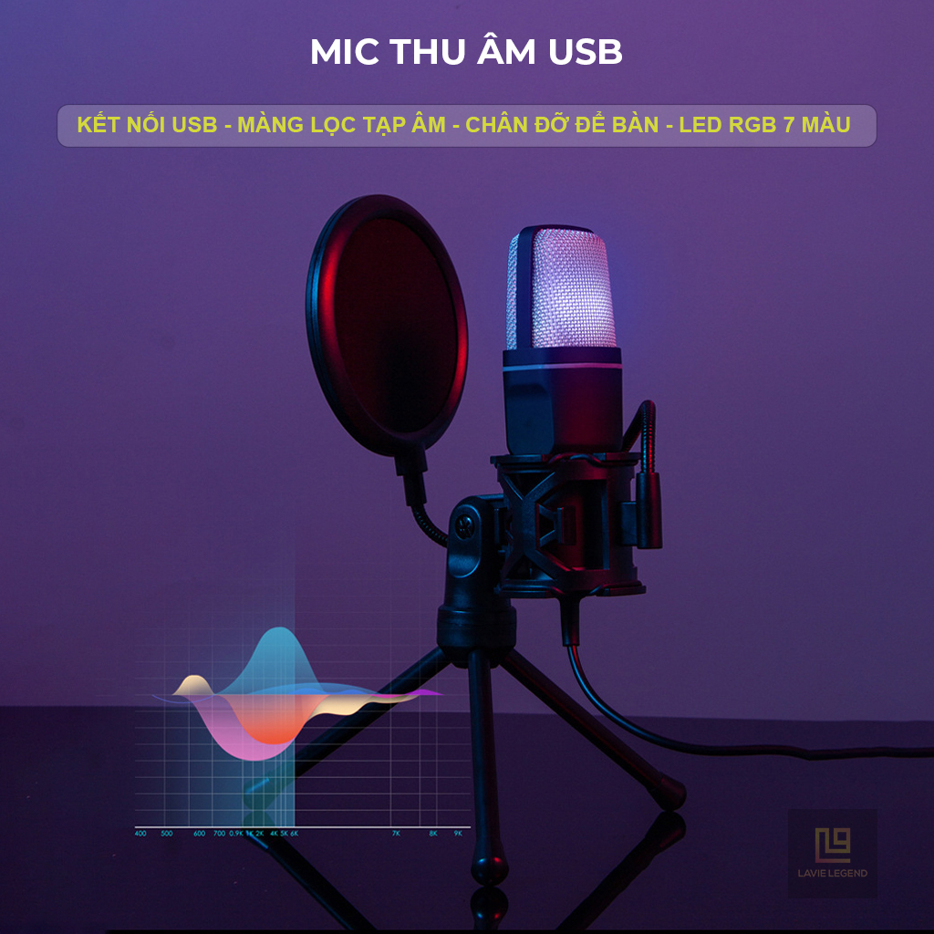 Micro Thu Âm USB Độ Nhạy Cao Tích Hợp Led RGB, Mic Thu Âm Livestream Có Màng Lọc Tạp Âm, Chân Đỡ Để Bàn