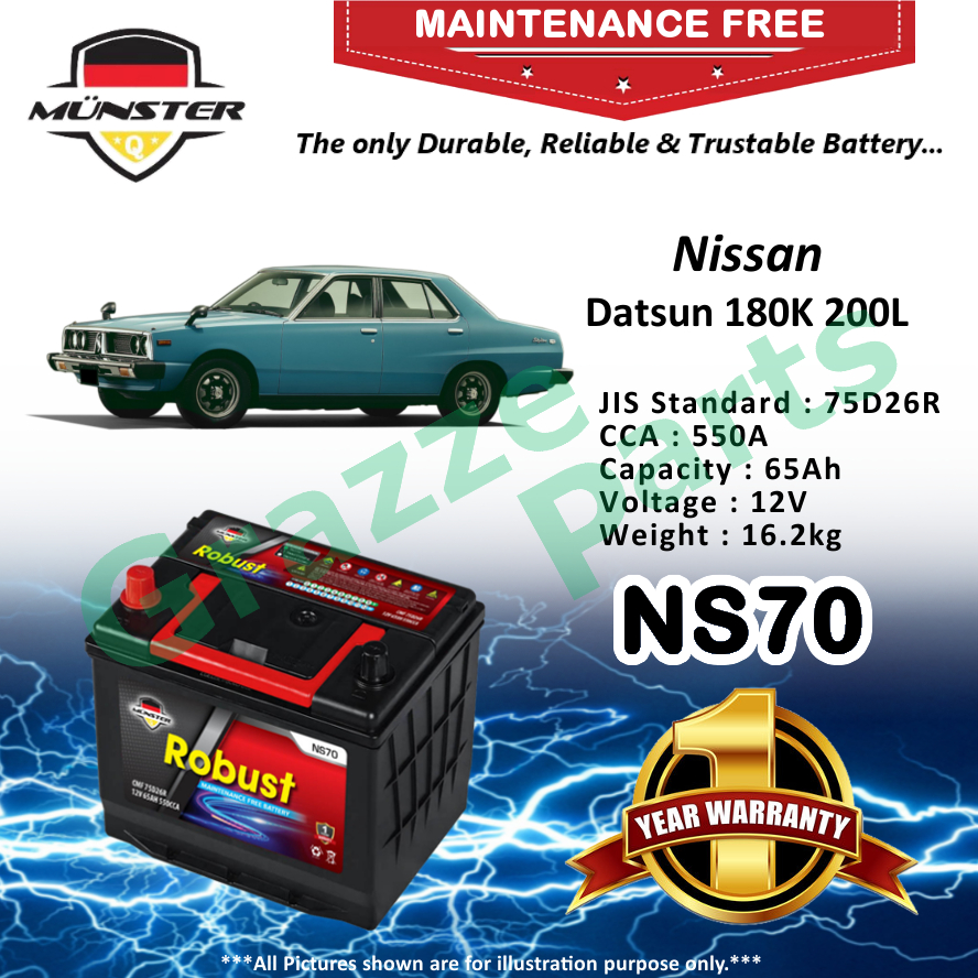 Mnster Robust MF CMF NS70 | NS70R | 75D26R (65AH) Car Battery Bateri Kereta for Nissan Datsun 180K 200L