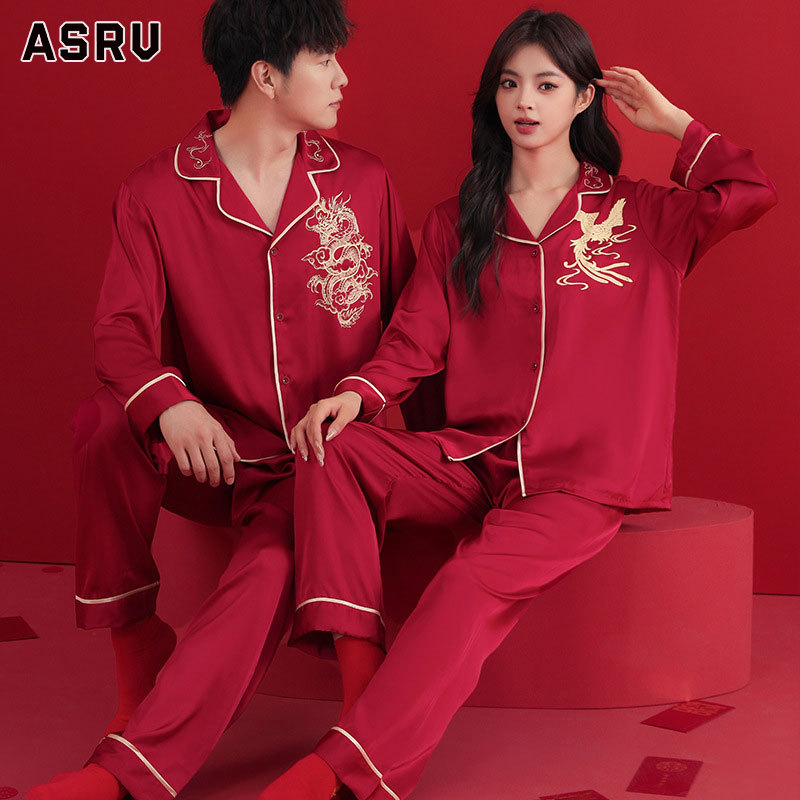 ASRV Tết 2024 đồ ngủ nam quần sì nam Cặp đôi Bộ đồ ngủ cho nam và nữ cưới loungewear Đỏ honmei đồ ngủ màu đỏ