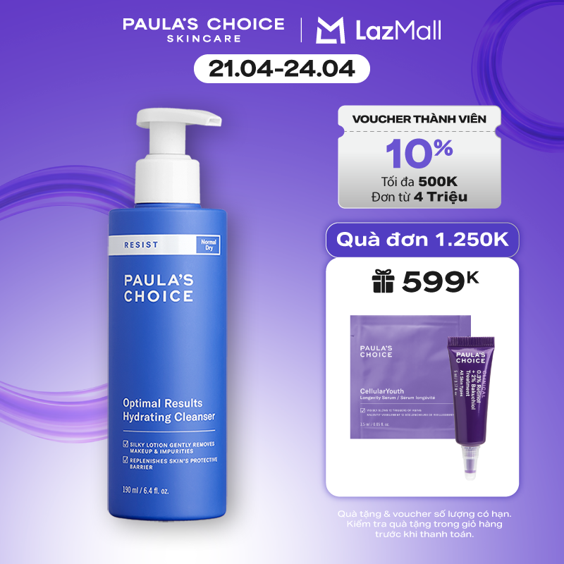 Sữa rửa mặt không xà phòng dưỡng ẩm hiệu quả tối ưu Paula’s Choice RESIST Optimal Results Hydrating Cleanser 7600