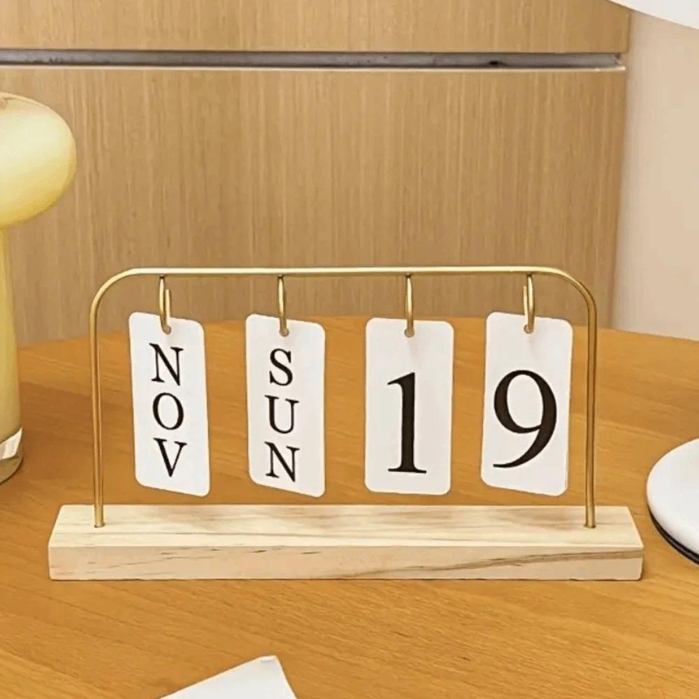 Retro Wooden Desktop Flip Calendar Turn Page Design Desktop Decor Vintage Standing Calendar Date Display Creative Series Wooden Calendar