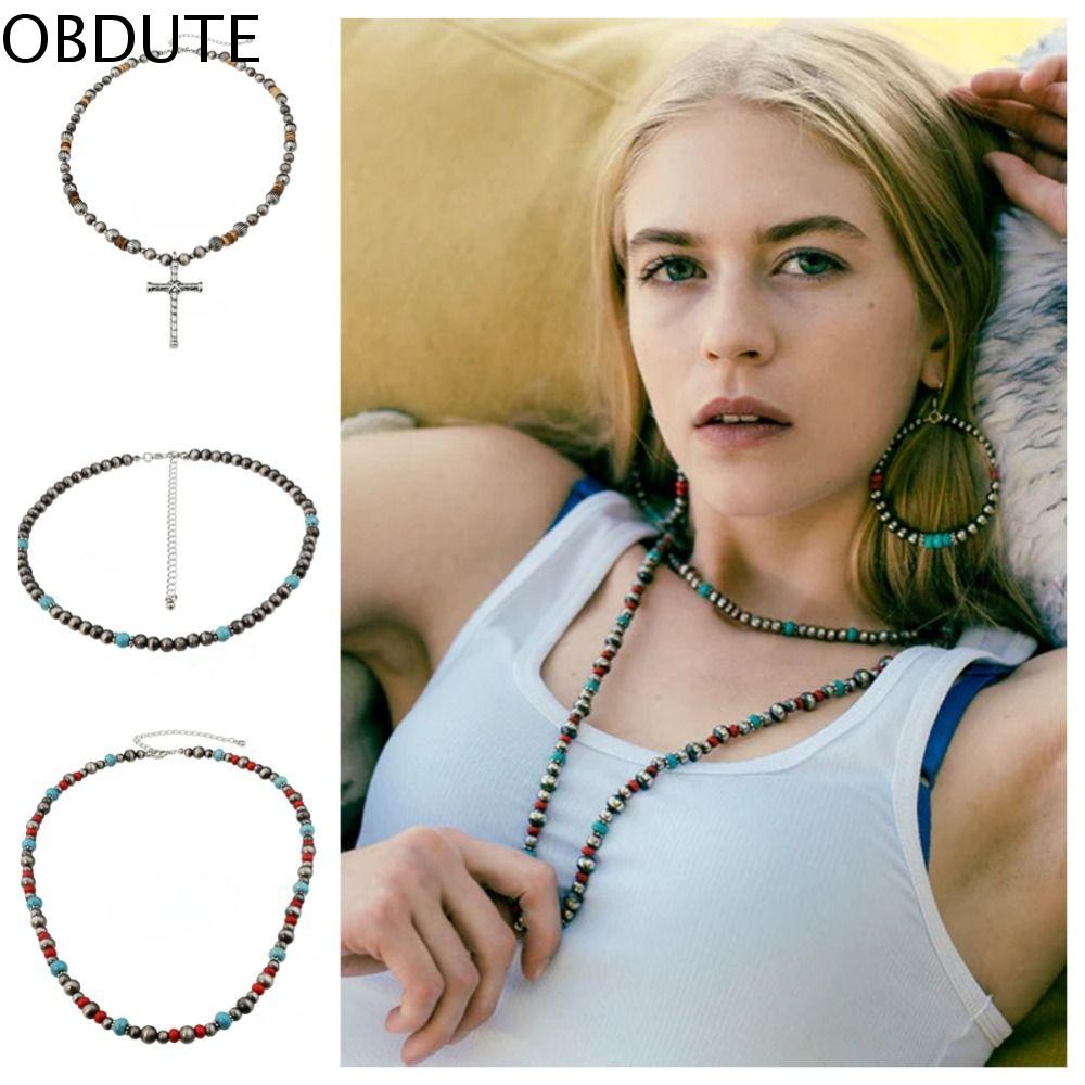 OBDUTE Phong cách dân tộc Vòng cổ đồng quê phương Tây Hợp kim Đầy màu sắc Vòng cổ chuỗi hạt màu Ngọc Lam Độc đáo Phong cách cao bồi Vòng cổ đính cườm Phụ nữ