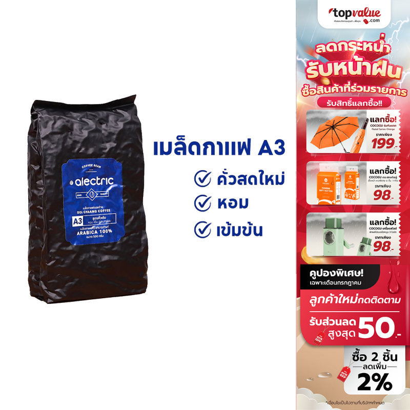 Alectric เมล็ดกาแฟดอยช้าง เมล็ดกาแฟอราบิก้า 100% สูตรคั่วเข้ม A3 หอม เข้ม กลมกล่อม ขนาด 500 g. ราคา 109 บาท*ส่งฟรี