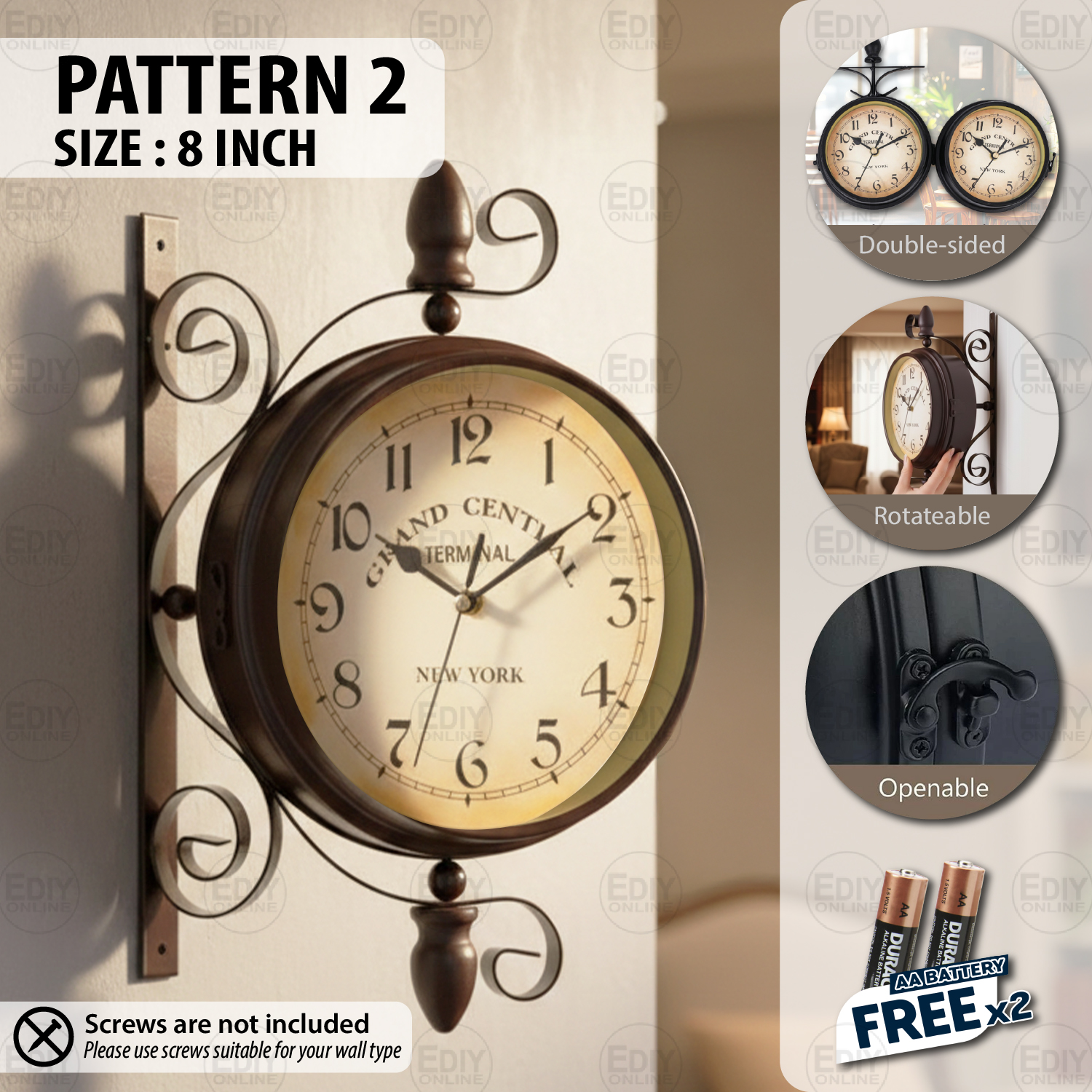 【 European Style Double-sided 】 Antique Wall Clock Industrial Iron Hanging Retro Bracket Garden Station Living Room Cafe 360° Rotating Indoor Outdoor Jam Dinding Besi Rumah