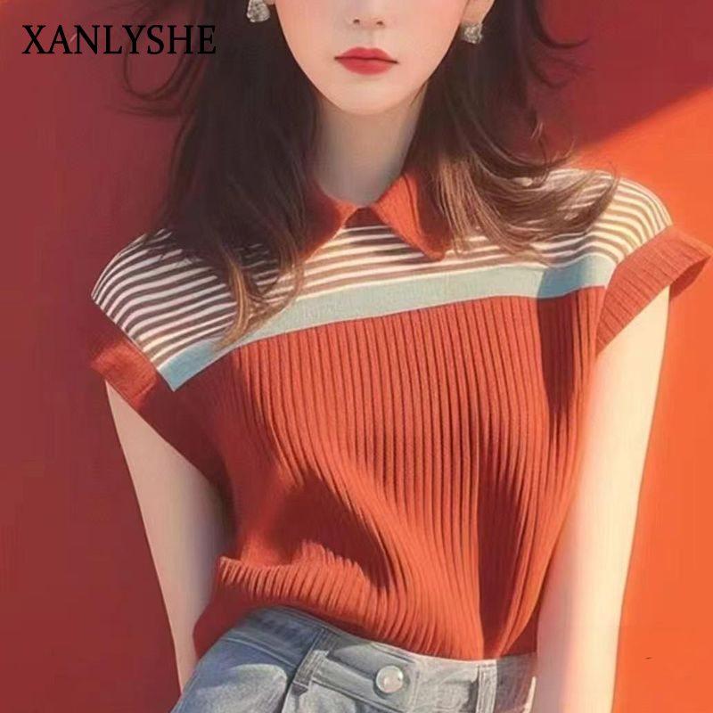 XANLYSHE เสื้อแขนสั้นลายทาง วิสコース 100% สำหรับผู้หญิง 20-50 ปี ราคา 87 บาท*ส่งฟรี