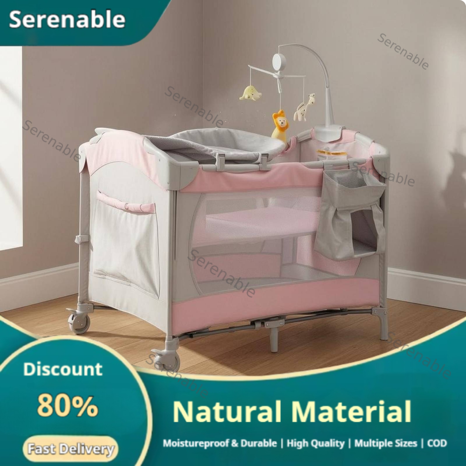 Serenable Drop Side Foldable Baby Bed Portable Baby Bed with Wheels Wheeled Frame