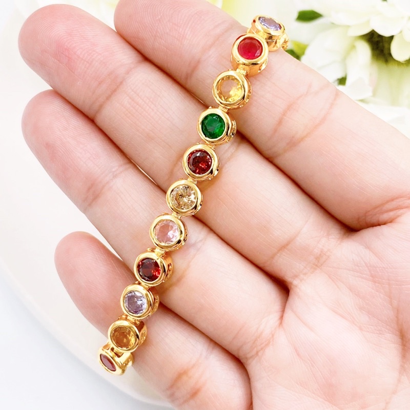 nirichstore, nine gem bracelet, multi-colored gems, 7 inches long, diamond bracelet, gold bracelet 0279 ราคา 679 บาท*ส่งฟรี