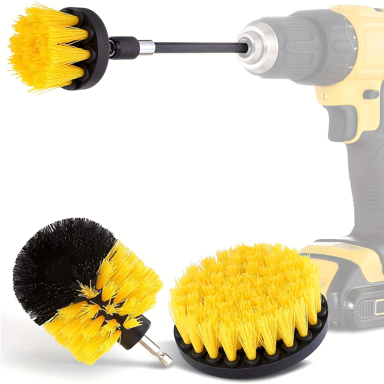 4PCS 3Drill Brush 1Plastic Handle Attachment Set 3 Sized Brush Heads for Cleaning Car Bathtub Shower Floor Carpet Kitchen