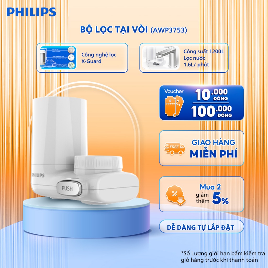 Bộ lọc nước tại vòi Philips AWP3753 - 02 chế độ nước, loại bỏ clo, tạp chất, kim loại nặng