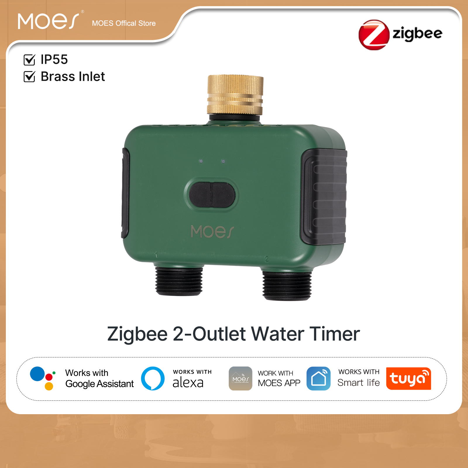 MOES Tuya Smart ZigBee 2-Outlet Water Timer Brass lnlet Sprinkler with Filter Programmable Irrigation Work With Alexa GoogleHome ราคา 1,737 บาท*ส่งฟรี