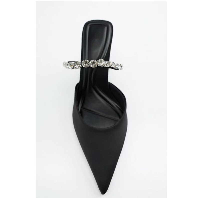 ZA RA Women s Shoes Black Satin Rhinestone Embellished High Heeled Pointed