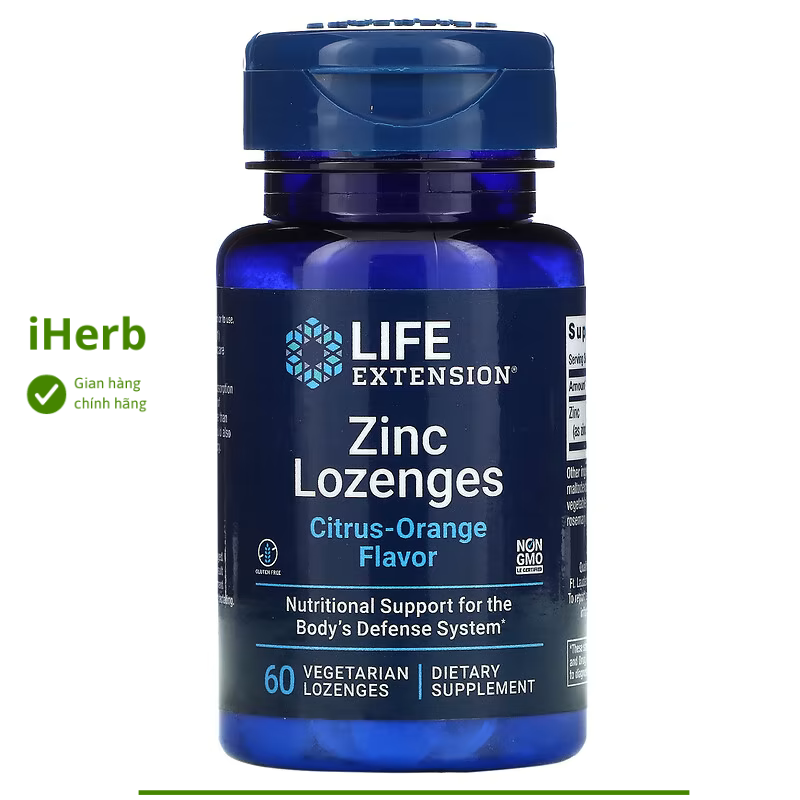 Viêm ngậm kẽm Zinc Lozenges hương cam quyết lọ 60 viên Life Extension - iHerb Việt Nam