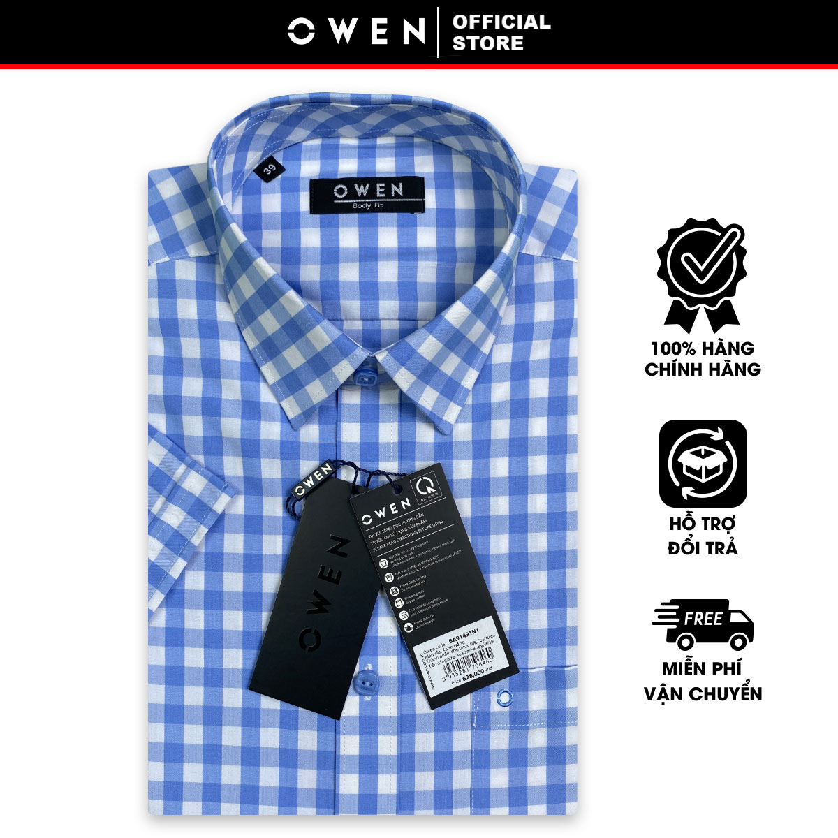 OWEN SALE - Áo Sơ Mi Owen Tay Ngắn Màu Xanh - Trắng  Họa Tiết Caro Form Body Fit Lai Ngang Chính Hãn