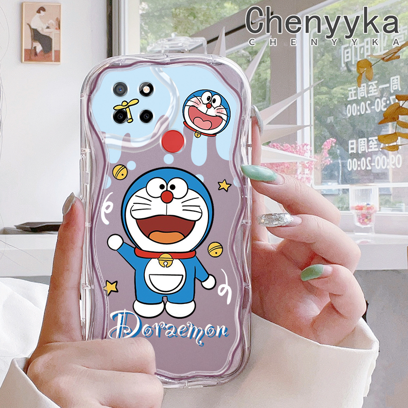 Chenyyka Ốp cho Realme C12 C15 C21 C25 C25s Narzo 20 Narzo 30A Narzo 50A Ốp lưng hoạt hình đáng yêu Doraemon thiết kế mới viền sóng kết cấu màu kem Trong Suốt Mềm Camera Ốp điện thoại chống sốc Ốp trong suốt bảo vệ nhẹ nhàng đơn giản