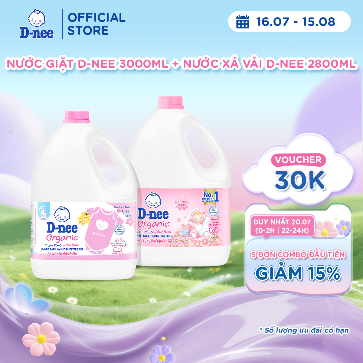 Nước giặt quần áo D-nee 3000 ML - Honey Star + Nước xả vải D-nee 2800 ML - Happy Baby
